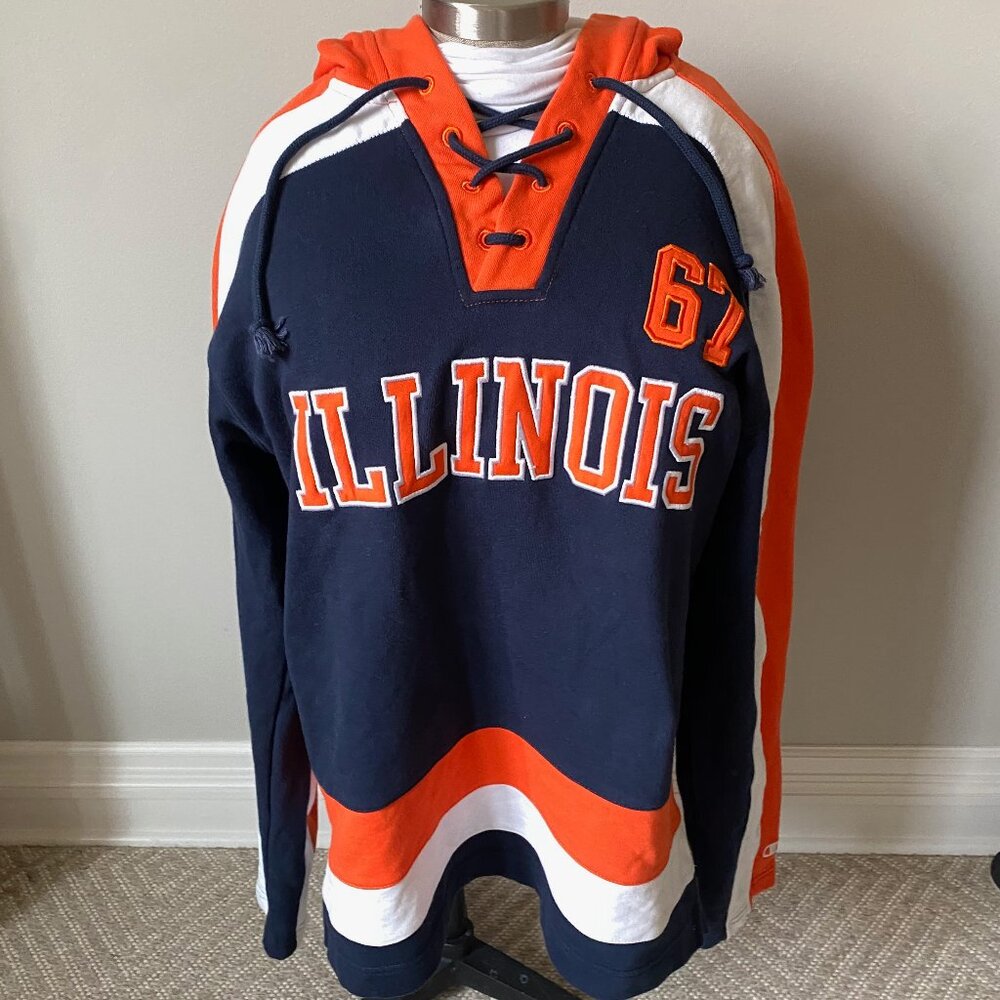 U of ILLINOIS Champion HOCKEY HOODIE 67, size M used once! Lace Hood (mens S)